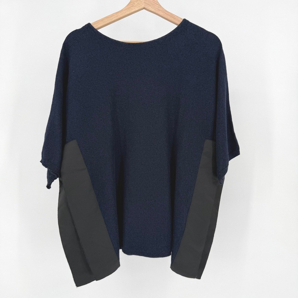 14th & Union Navy Blue Crew Neck Knit Top with Black Satin Panel Accent Size S